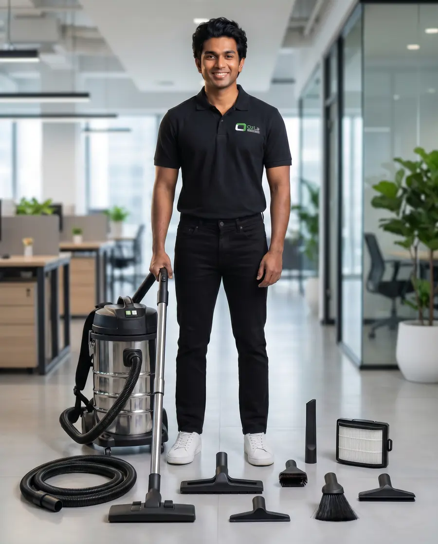 OzLa cleaner with an industrial vacuum and cleaning equipment