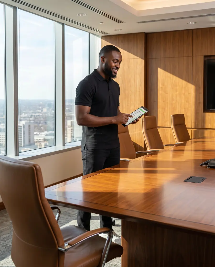 OzLa cleaner checking a task list on a tablet in a boardroom