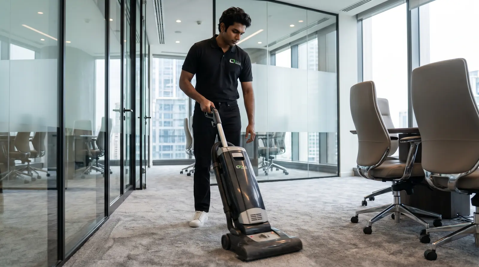 OzLa cleaner vacuuming carpet in an open-plan office