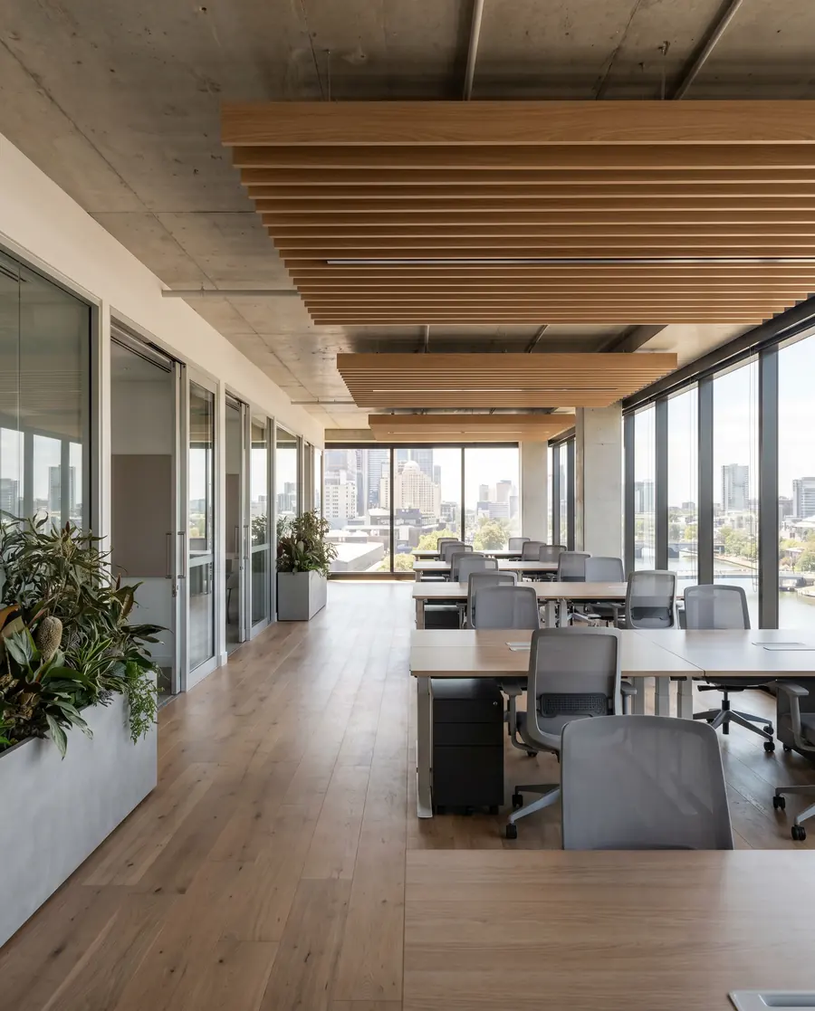 Newly finished open-plan office, clean and ready for staff