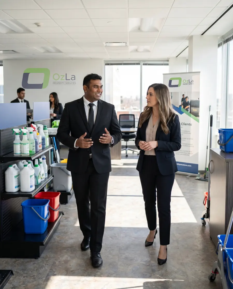 OzLa manager walking with a client through an office