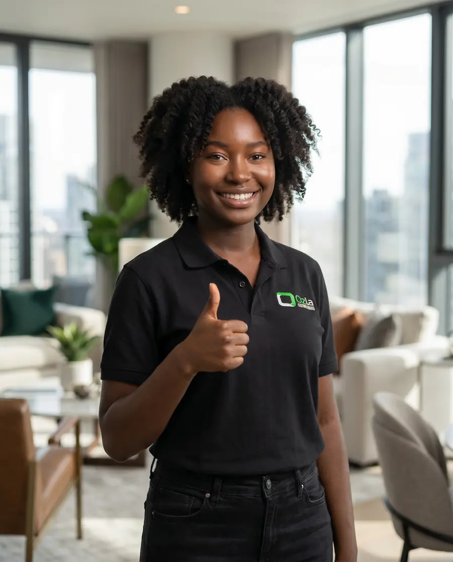 OzLa team member giving a thumbs up in a clean office lounge