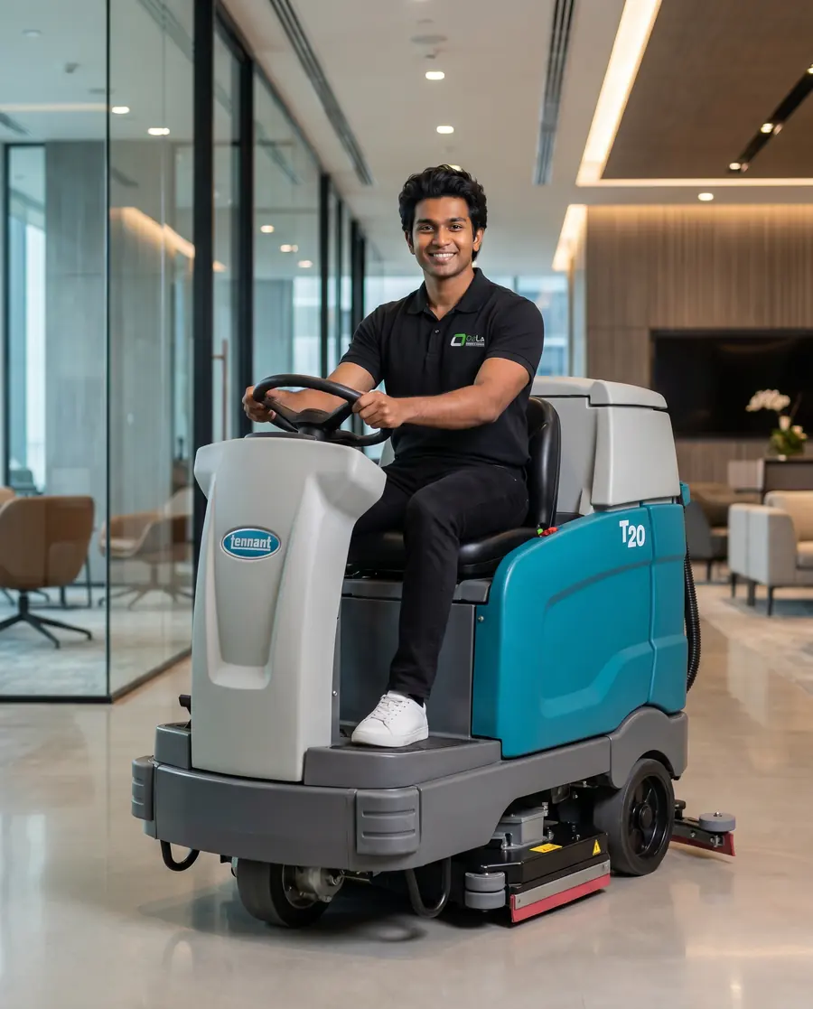 OzLa operator driving a ride-on floor scrubber