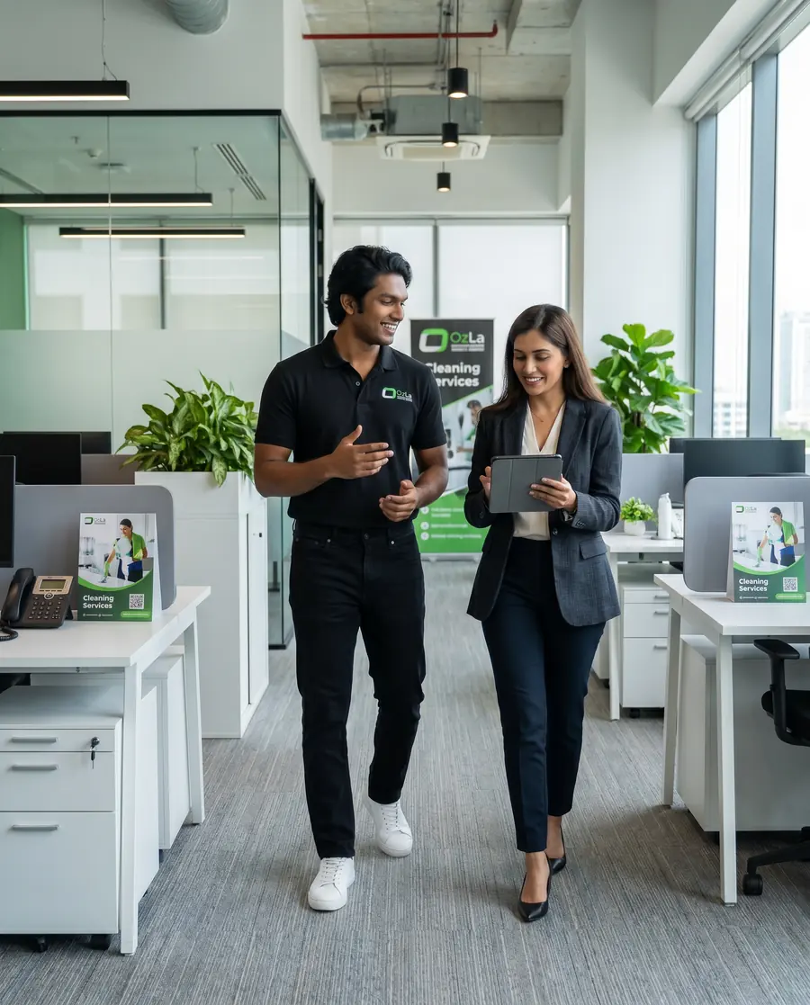 OzLa supervisor and cleaner walking through an office
